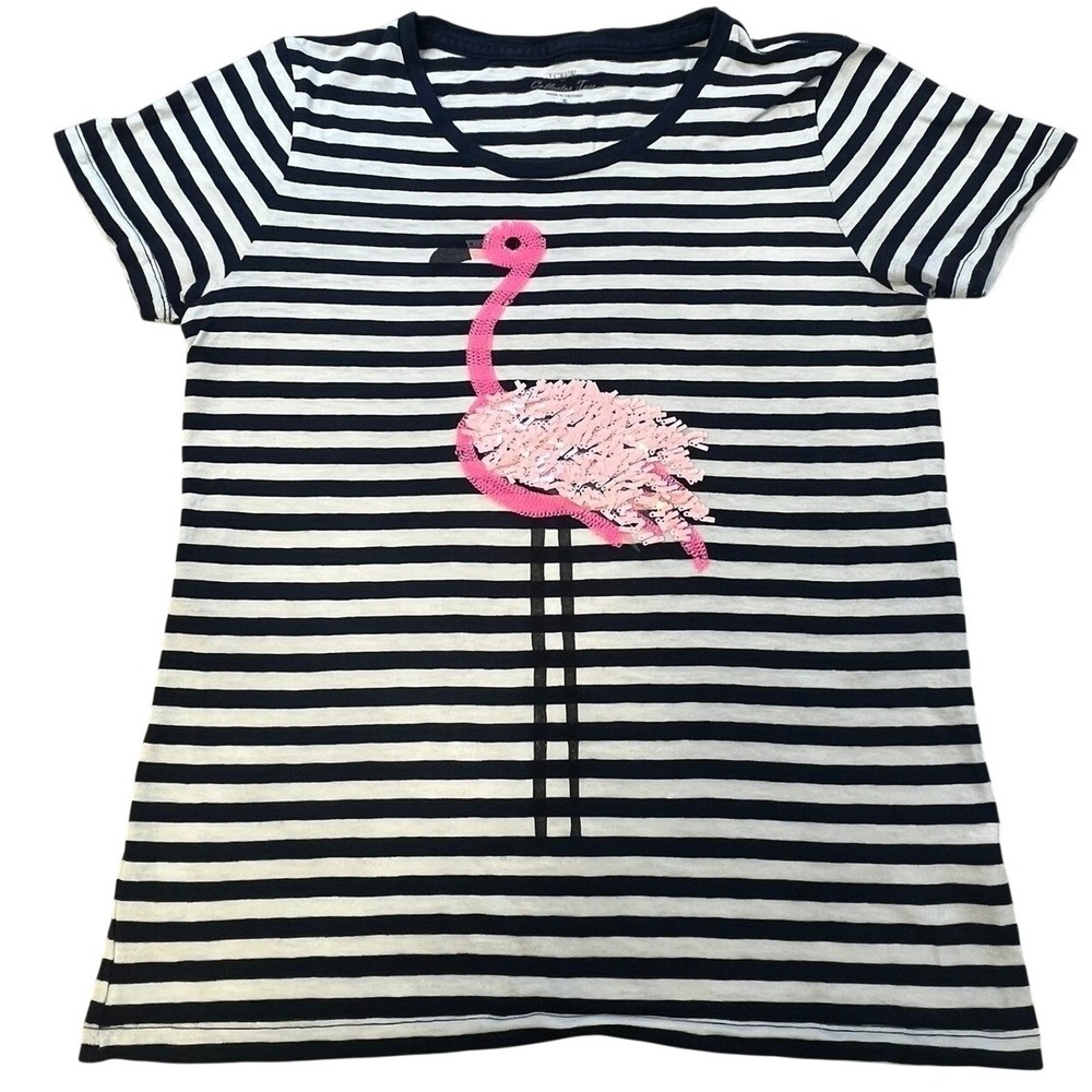 J.Crew Flamingo Collector Tee Striped Navy White Pink Sequin Graphic Shirt